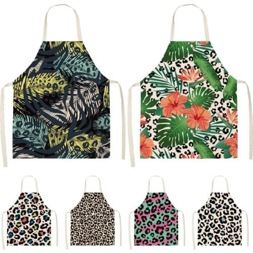 Leopard Print Flower Printed Sleeveless Aprons Kitchen Women Cotton Linen Pinafore Home Cooking Baking Waist Bib 53*65cm WQL0155