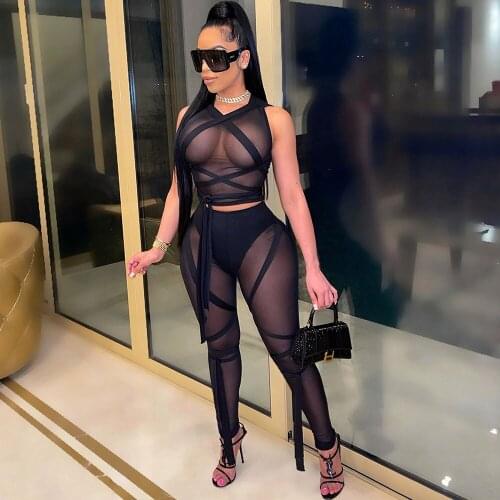 Sexy Sheer Mesh Bandage Two Piece Set Crop Top and Pants Sets Club Birthday Outfits for Women Festival Clothing Matching Sets