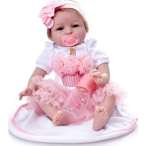 Opened Eyes Pink Dress Girl Doll 22 inch Reborn Gift for Babies Realistic Newborn Interactive Doll