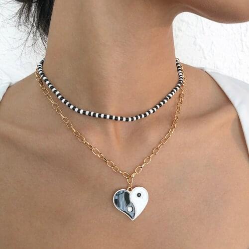 Lalynnly Womens Vintage Double Layer Rice Bead Dripping Oil Yin Yang Pendant Necklace Female Fashion Necklaces Jewelry N8958