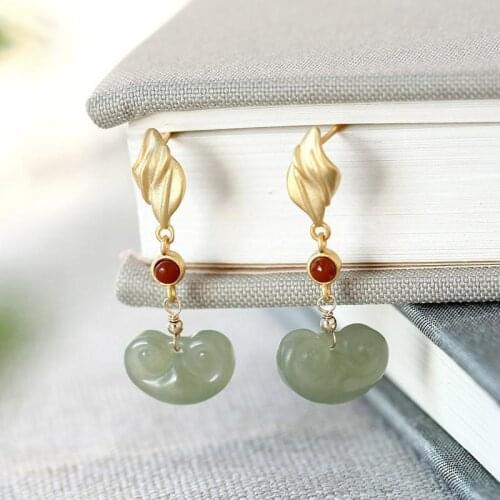 Natural Hetian jade small ingot Earrings Chinese style retro small exquisite unique antique gold craft womens brand jewelry
