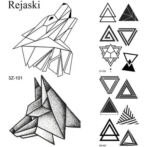Little Geometric Wolf Temporary Tattoo Stickers Women Body Art Ear Fake Tatto Triangle Men Arm Black Waterproof Tattoo Totem Fox