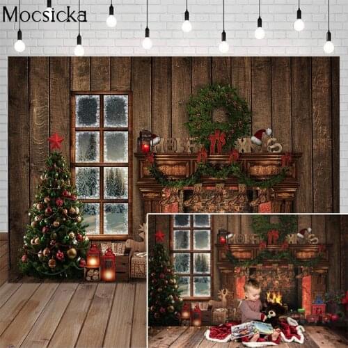 Mocsicka Merry Xmas Photography Background Christmas Tree Fireplace Window Toy Train Wooden Backdrop Decoration Props Studio