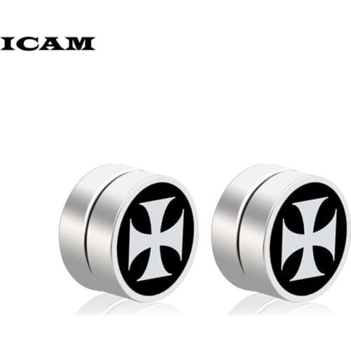 ICAM Vintage Mens Maltese Cross Stud Earrings Round Stainless Steel Magnetic Earrings for Male Boy Gift