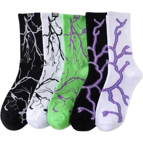 Men Women Couples Socks Harajuku Lightning Hip-hop Cotton Socks Black White Blue Streetwear Skateboard Sport Sock Crew Soxs Gift