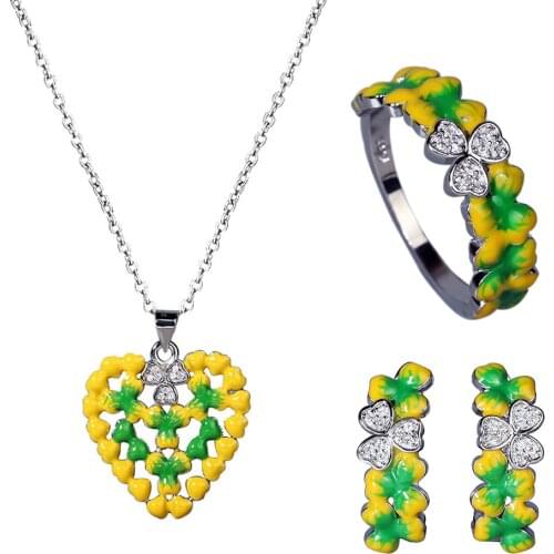 New Womens 925 Silver Jewelry Handmade Enamel Clover Ring Earrings Necklace Elegant Ladies Jewelry Set Wedding Jewelry Sets