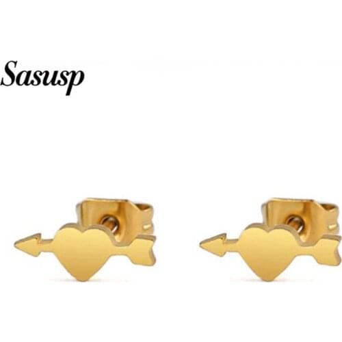 Sasusp New Minimalist Gold Color Mini Heart Arrow Stud Earrings For Women Ladies Small Heart Stud Earrings Love Jewelry
