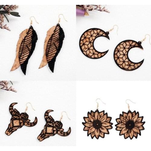 Gothic Style Laser Cutting Cork Sunflower Crescent Moon Feather Drop Earrings for Women Firm Black Velvet Embellished Jewelry