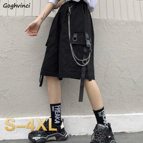 Shorts Women Side-pocket Solid Chain Elastic Waist Loose Plus Size 4XL Summer BF Harajuku Chic Streetwear Hip Hop Ulzzang Trendy