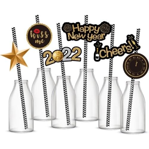 36pcs/set 2022 New Year Eve Party Disposable Straws Gold Black Paper Straws Cheers Happy New Year Party Decor Xmas navidad gift
