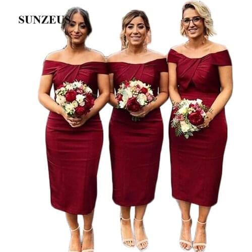 Dark Red Short Bridesmaid Dresses 2020 Sheath Knee Length Wedding Guest Dresses Scalloped Pleats Simple Party Dresses SBD96