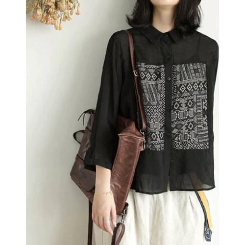 Vintage Black Blouse Long sleeve Cotton Linen Shirt Women 2019 Button Up Tops Ladies Casual