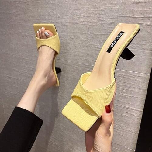 ZAR 2021 Summer New Yellow Fashion Square Toe High Heels Sexy Outer Wear Stiletto Muller Sandals And Slippers Women Luxury Brand