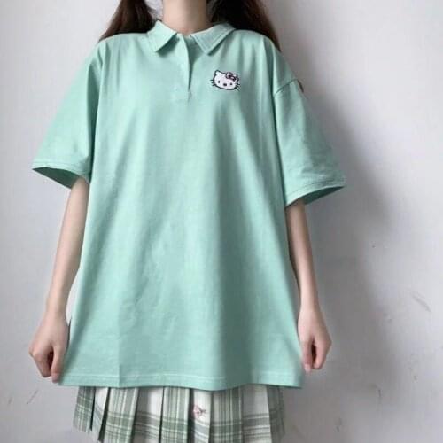 Cat Embroidery Cartoon Tshirts Vintage Streetwear Women Top Short Sleeve Kawaii Casual Girls Tokyo Shirt Summer Japanese Fashion