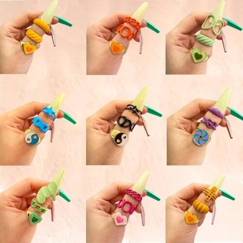 IFMIA Vintage Golden Heart Rings Set for Women Fashion Pink Green Colorful Color Resin Flower Love Heart Ring Wholesale Jewelry