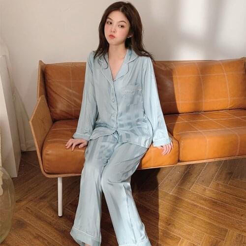 Blue Striped 2PCS Womens Pajamas Suit Spring Autumn New Casual Nightwear Spring Autumn New Sleepwear Loose Faux Silk Home Wear
