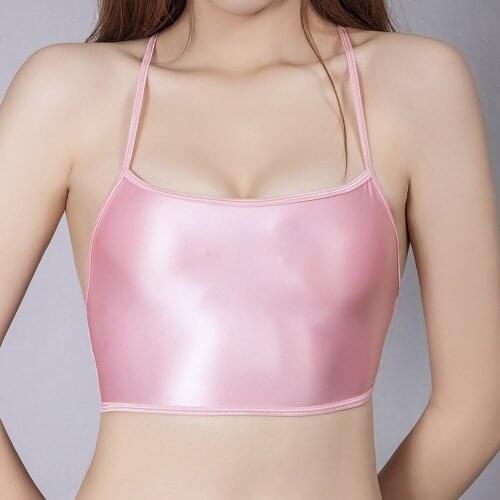 Women Sexy Backless Bandage Crop Top Shiny Glossy Bustier Bralette Camisole Tank See Through Candy Color Pink Top 2021 hot sale