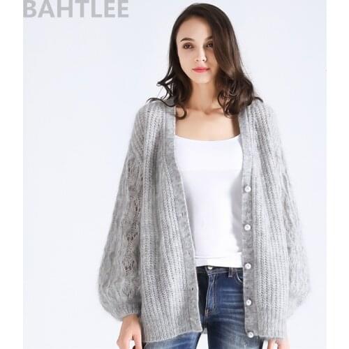 BAHTLEE Autumn Winter Womens Mohair Knitting Cardigan Wool Sweater Long Lantern Sleeves Pearl Button V-Neck