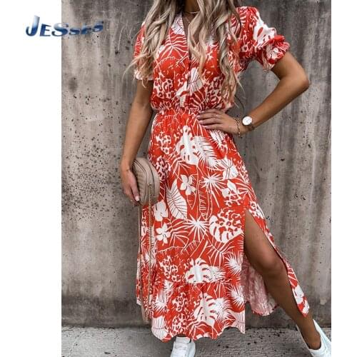 Female Beach V-Neck Floral Print Dress Women Summer Short Sleeve Maxi Dresses Sexy Side Slit Sundress Boho Casual Femme Vestidos