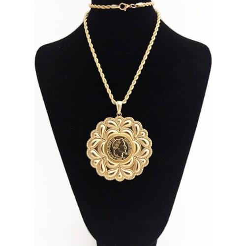 Big Size Dubai Morocco Gold Color Long Pendant Necklace for Women Caftan Round Flower Africa Ethnic Wedding Jewelry Wholesal