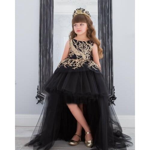 High-low Black Baby Girl Birthday Dress Big Bow Sparkly Tulle Flower Girl Dress Children Lovely Prom Christmas Gown