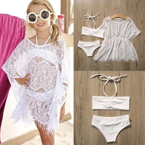 Kids Girls Bikini Sets 3Pcs Summer Bathing Suit Beachwear Outfits With Hollow Out Lace Cover Up Swimming Costume