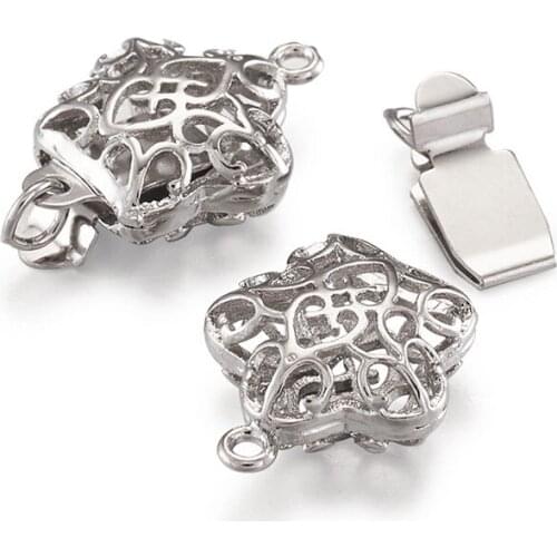 50Sets Filigree Star Brass Box Clasps Jewelry Findings for DIY Nickel Free, Platinum, 18x12x6mm, hole: 2mm