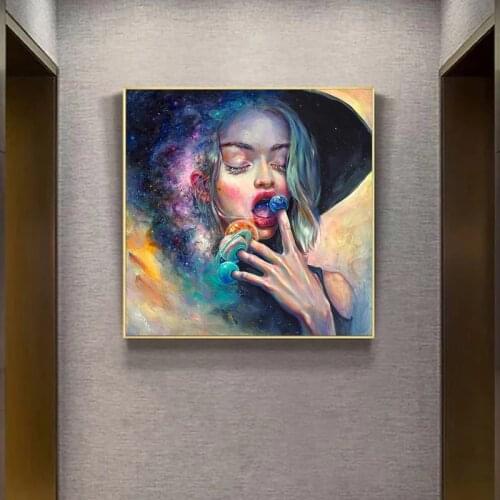 Canvas Painting Candy Witch Eat Stars Cartoon Decor Posters and Prints Wall Art Magical Girl Picture for Living Room Cuadros