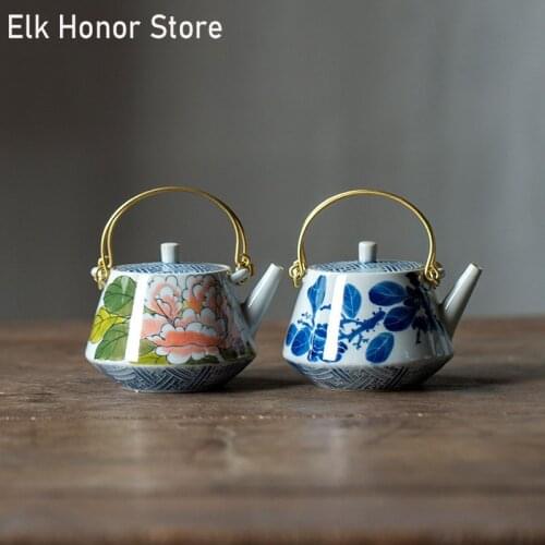 180ml Retro Japanese Style Ceramic Teapot Hand Painted Peony Flower Art Single Loop-handled Teapot Kung Fu Tea Household Teaware