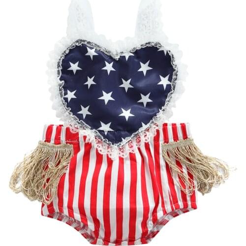 2021 0-24M Independence Day Newborn Baby Girl Romper Lace Straps Hearts Shape Tassels Stars and Striped Print Backless Playsuit