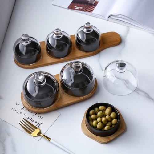 Nordic Creative Ceramic Dessert Bowl Snack Dish Taste Fruit Plate Salad Ice Cream Bowl with Bamboo Tray Glass Cover Tableware