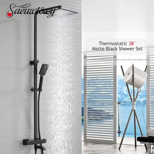 Matte Black Thermostatic Shower Faucet Bathroom Rotate Bath Tub Spout Rainfall Shower Head Square Dual Handle Mixer Tap