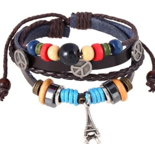Fashion Hippie Vintage Peace Tower Charm Weave Leather Cuff Bracelet Retro Multilayer Beads Wrap Bangle Girl Women Jewelry Gift