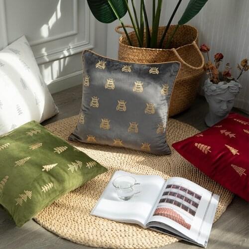 DUNXDECO Cushion Cover Decorative Pillow Case Modern Simple Christmas Tree Bee Embroidery Soft Velvet Coussin Bedding Decorating