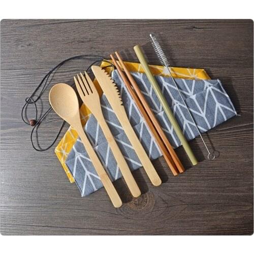 Portable Natural Bamboo Straw Spoon Fork Knife Chopsticks Cleaning Brush Kitchen Utensil Bamboo Cutlery Set WB305