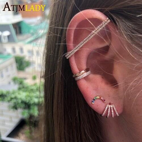 Minimal small cuff double row cubic zirconia pved 925 sterling silver rainbow color classic elegant fashion cuff cz earring cuff