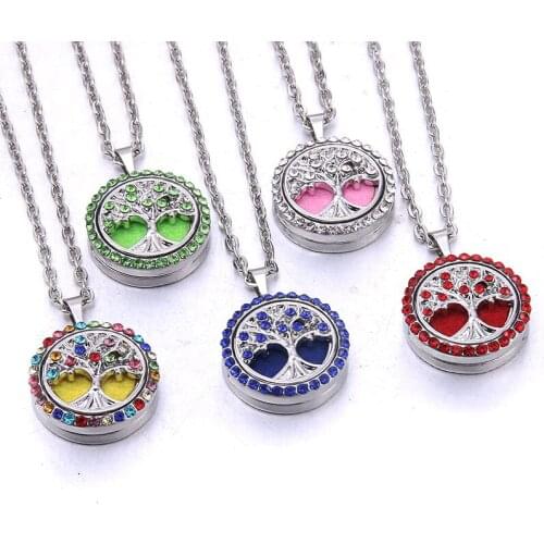 Luxury Aromatherapy Jewelry Tree of Life Necklace Rhinestone Lockets Pendants Perfume Essential Oil Diffuser Necklace For Women