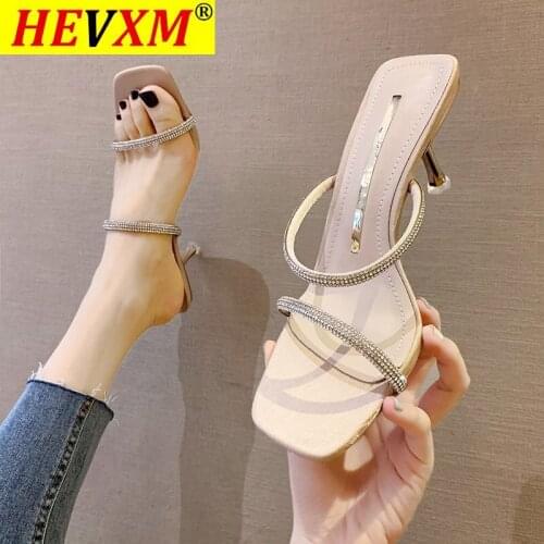 Slipper Women Rhinestones High Heels Summer Shoes Woman Wedding Fashion Jelly Open Toe Mary Janes Mules Thin Heels Party Shoes