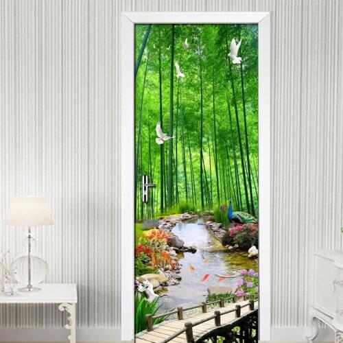 Forest Diy Self-Adhesive Door Sticker Pvc Waterproof Mural 3D Bamboo Forest Scenery Wall Painting Living Room Door Wallpaper