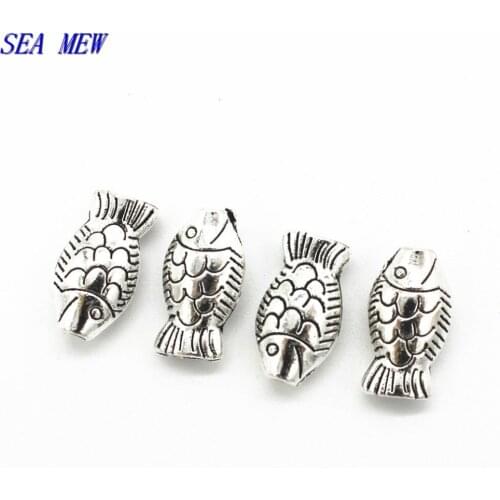 SEA MEW 14mm*8mm Metal Zinc Alloy Fish Antique Silver color Bead Connectors Charm For Jewelry Making