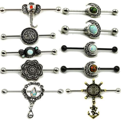 BOG-1Pcs Opal Stone Gemmed Eat Helix Industrial Piercing Barbells Ear Studs Earrings Piercing Industrial Jewelry