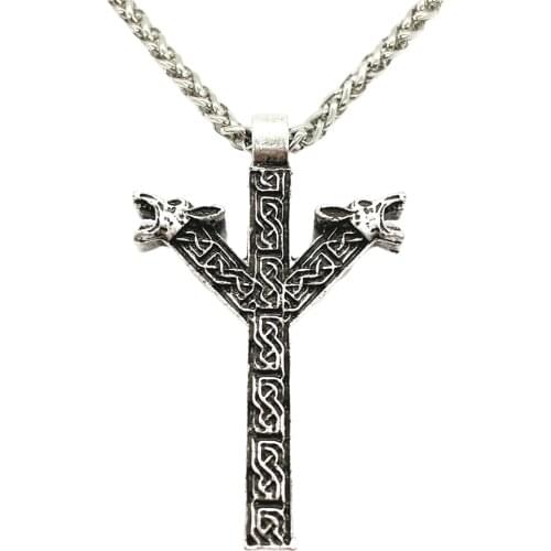 Norse Runes Algiz Protection Amulet Wolf Heads Talisman Viking Necklace Pendant Jewelry