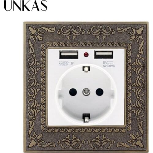 UNKAS Zinc Alloy High End Retro 16A White EU Standard Power Wall Socket With Dual USB Charging Port Embossed Panel