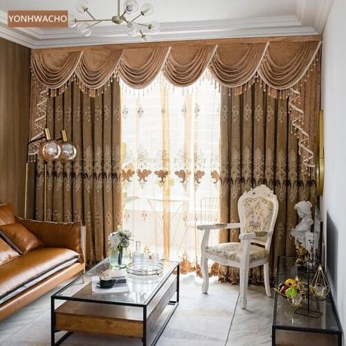 Custom curtain European living room bedroom chenille embroidered coffee thick cloth blackout curtain valance tulle panel C605