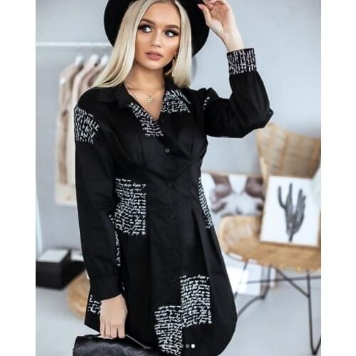 2021 Spring And Autumn V-Neck Letter Shirt Women Button Shirt Dress Casual Long-Sleeved Letter Printed Collar Loose Fashion Top