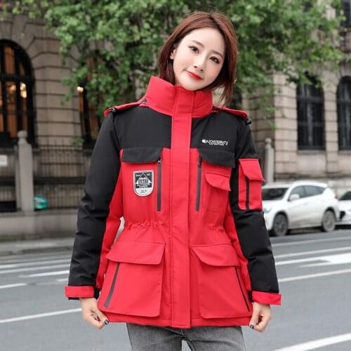 Womens Winter Jacket Patchwork Hooded Short Parkas Woman Plus Size Thick Stand Collar Safari Style Big Pockets Female Cold Coat