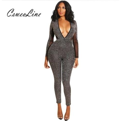 Deep V Neck Backless Jumpsuit Women Night Club Sexy Skinny Body Suit Long Sleeve Mesh Patchwork Rompers Womens Jumpsuit Overalls