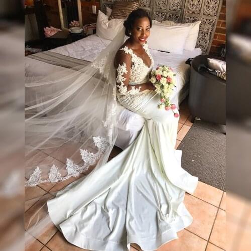 Vestido De Novia 2019 Mermaid wedding Gowns lace Applique Pearls Lace Bridal Dresses full Sleeves O neck design Robe De Mariage