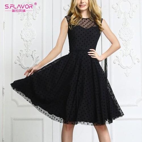 S.FLAVOR Black Patchwork Mesh Sexy NightClub Dress Hollow Out Sleeveless Vintage A-line Dress Chic Women Vintage Midi Dresses