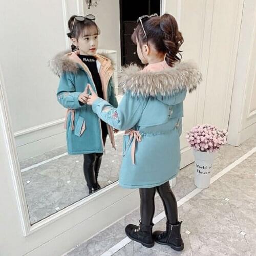 Winter 4-14Years Girls Cotton Padded Clothes Jacket Plus Fur Warm Children Outerwear Long Thicken Printed Embroidery Kids Parka
